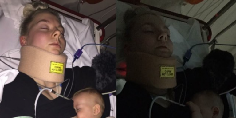 Mörbultad mamma ammar sonen i sjukhussäng – bilden blir viral av en särskild anledning