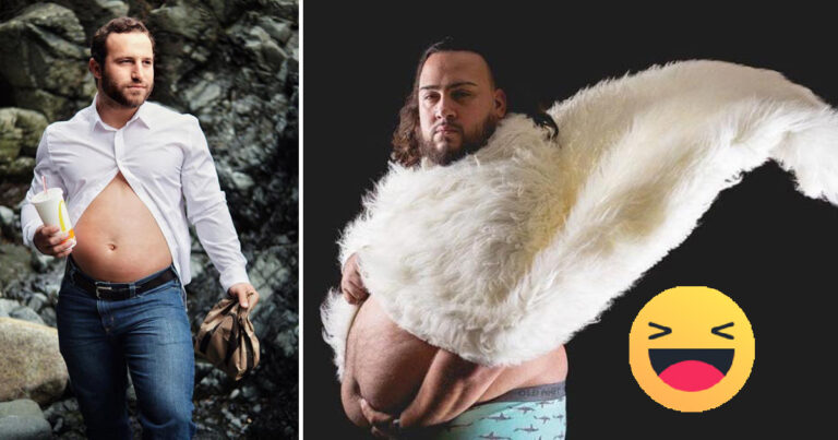 Pappor med ölmagar återskapar sina fruars graviditetsbilder – jag viker mig av skratt